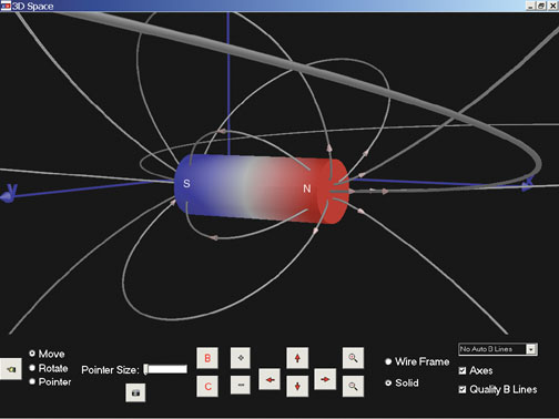 Three-dimensional display of magnetic field surrounding a cylindrical permanent magnet.