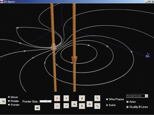 Magnetic field shown for two straight wires with oppositely directed and unequal currents.